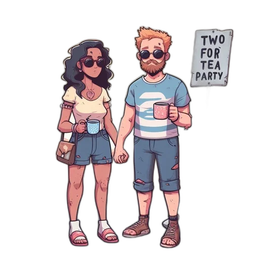 concept art, watercolor, cartoon, vaporwave, two, characters, stand, amidst transparent PNG cut-out
