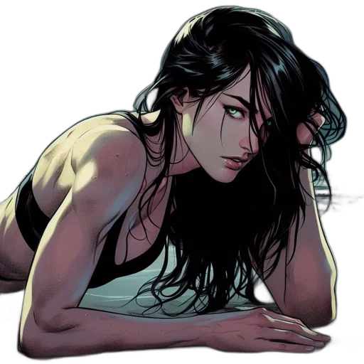 comic book art, concept art, cyberpunk, cartoon, intensely, gazing, woman, lies transparent PNG cut-out