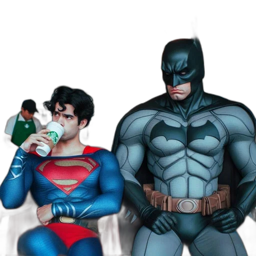 comic book art, concept art, cartoon, fantasy art, superman, batman, sit, cafe transparent PNG cut-out