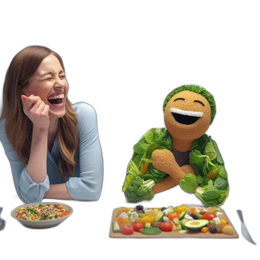 food, face, concept art, woman, laughs, table, office, setting transparent PNG cut-out