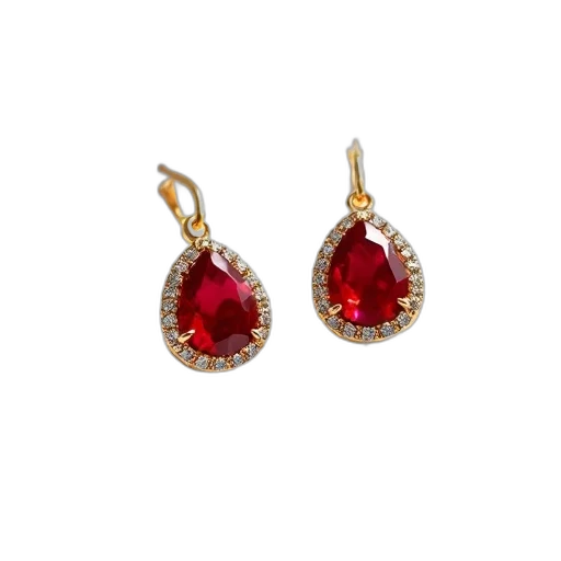 jewelry, crown, pair, gold, earrings, red, gemstones, displayed transparent PNG cut-out