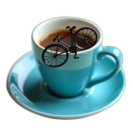 food, photorealistic, 3d render, blue, bicycle, plate, coffee, mug transparent PNG cut-out