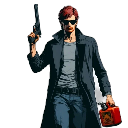 jacket, weapon, concept art, comic book art, pixel art, photorealistic, red, man transparent PNG cut-out