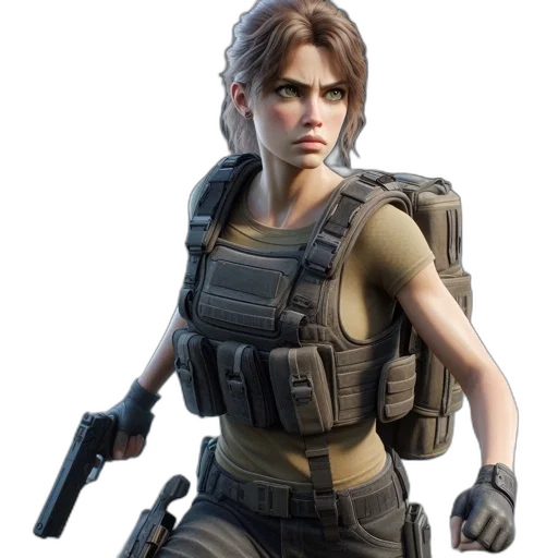jacket, weapon, concept art, 3d render, pixel art, fantasy art, female, character transparent PNG cut-out