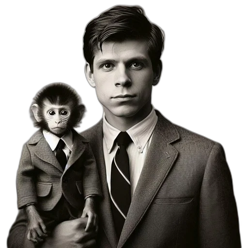 jacket, animal, creature, face, photorealistic, young, man, monkey transparent PNG cut-out