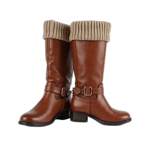 shoes, earth tones, pair, brown, leather, boots, knitted, cuff transparent PNG cut-out
