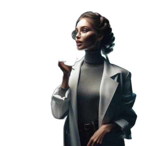 jacket, earth tones, lab, setting, woman, white, coat, holds transparent PNG cut-out