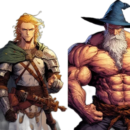fantasy art, concept art, comic book art, pixel art, two, distinct, characters, one transparent PNG cut-out