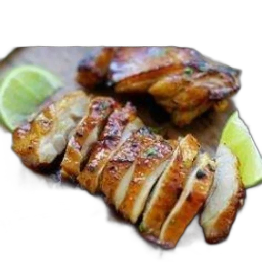 food, 3d render, photorealistic, sliced, grilled, chicken, lime, wedges transparent PNG cut-out