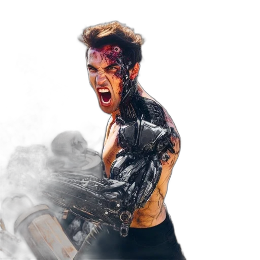 concept art, cyberpunk, comic book art, photorealistic, fire, outer space, junkyard, man transparent PNG cut-out