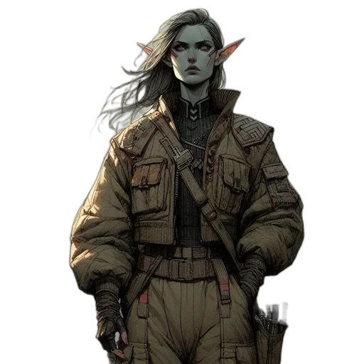 jacket, staff, concept art, fantasy art, comic book art, watercolor, earth tones, green transparent PNG cut-out