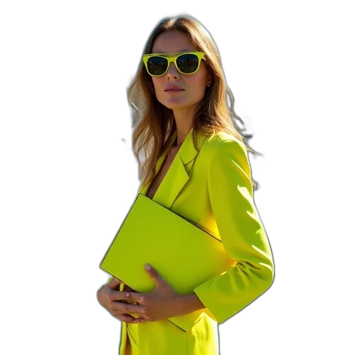 jacket, staff, dress, neon, green, colorful, golden, woman transparent PNG cut-out