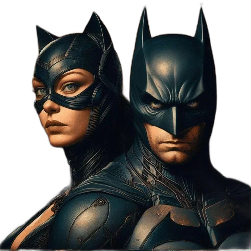 mask, comic book art, concept art, photorealistic, 3d render, batman, catwoman, stand transparent PNG cut-out