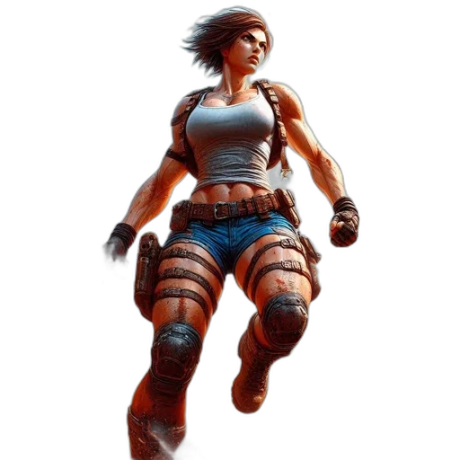 weapon, concept art, fantasy art, comic book art, 3d render, muscular, female, character transparent PNG cut-out
