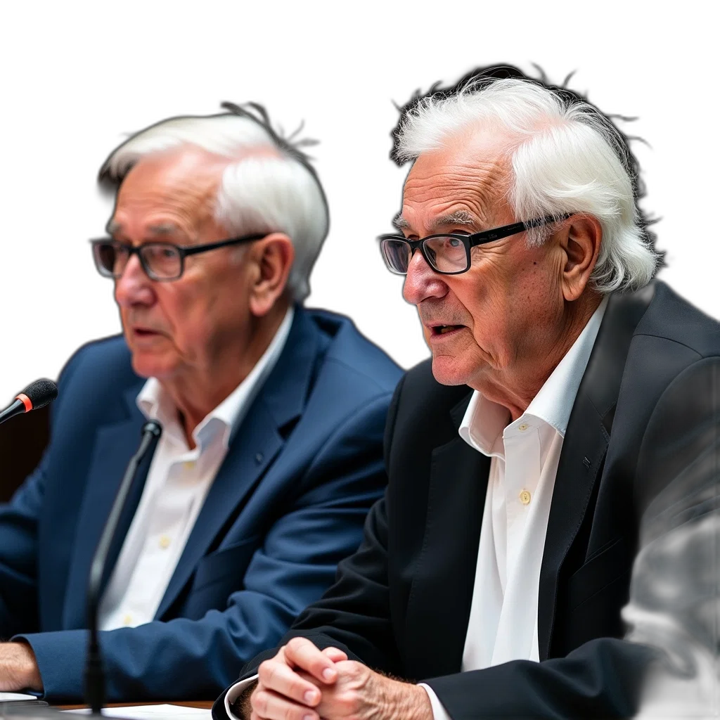 two, elderly, men, white, hair, sitting, next, each transparent PNG cut-out