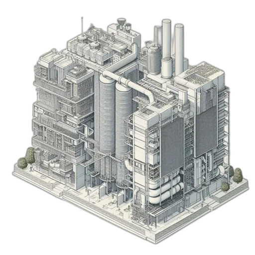 building, robot, 3d render, concept art, pixel art, cyberpunk, intricate, isometrically transparent PNG cut-out