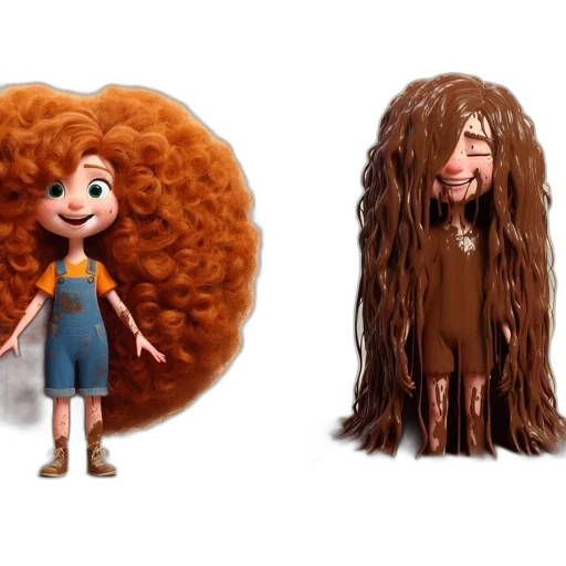 hair, concept art, 3d render, cartoon, two, animated, characters, one transparent PNG cut-out