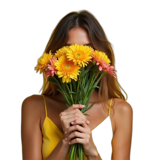 flower, dress, face, jewelry, photorealistic, golden, colorful, earth tones transparent PNG cut-out