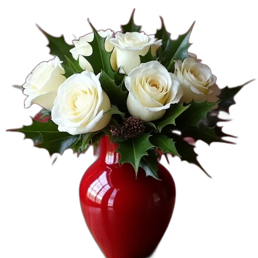flower, crown, photorealistic, 3d render, red, vase, holly, white transparent PNG cut-out
