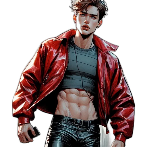 jacket, comic book art, cyberpunk, concept art, photorealistic, red, muscular, male transparent PNG cut-out