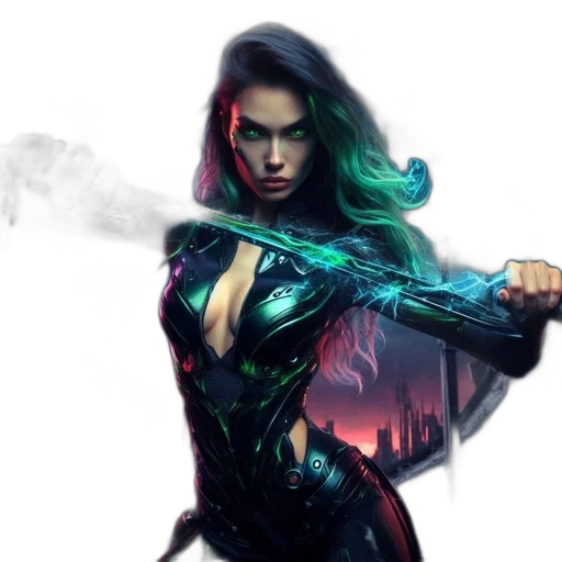 comic book art, concept art, fantasy art, cyberpunk, neon lights, green, woman, hair transparent PNG cut-out