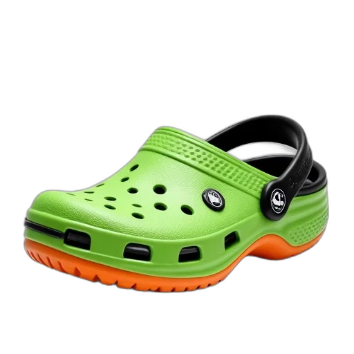 shoes, weapon, 3d render, photorealistic, neon, green, crocs, clog transparent PNG cut-out