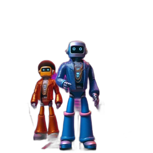 robot, 3d render, concept art, pixel art, outer space, neon-lit, venue, troupe transparent PNG cut-out
