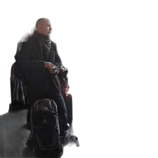 jacket, staff, robot, creature, cyberpunk, concept art, 3d render, photorealistic transparent PNG cut-out