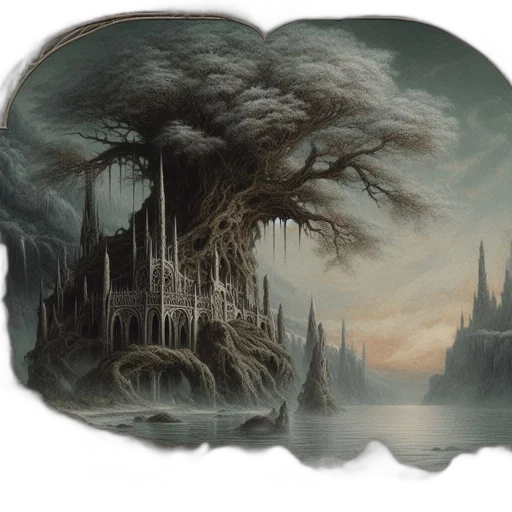 tree, fantasy art, concept art, photorealistic, watercolor, fog, forest, night transparent PNG cut-out