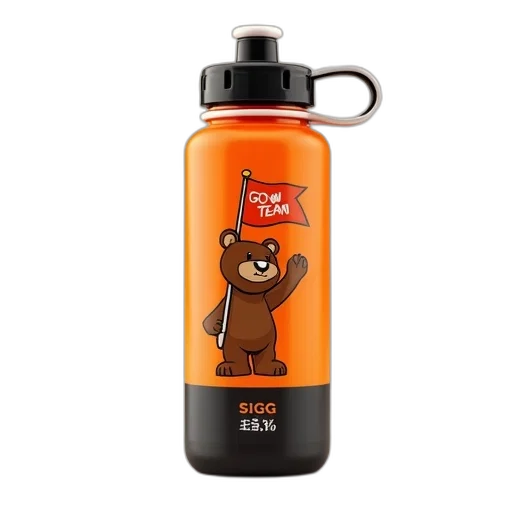 bottle, colorful, orange, black, water, cartoon, bear, holding transparent PNG cut-out