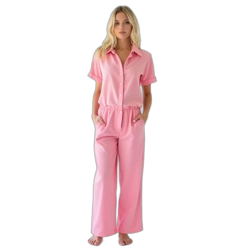 woman, standing, room, white, background, wearing, pink, short-sleeved transparent PNG cut-out