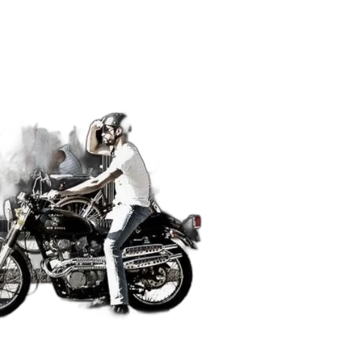3d render, photorealistic, concept art, man, motorcycle, front, store, word transparent PNG cut-out