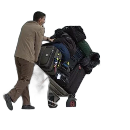 jacket, staff, umbrella, 3d render, man, pushes, cart, full transparent PNG cut-out