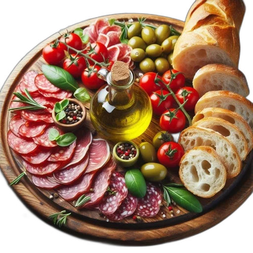 food, dress, photorealistic, oil painting, rustic, platter, displays, sliced transparent PNG cut-out