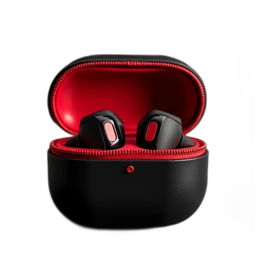 pair, earbuds, red, black, carrying, case, displayed, against transparent PNG cut-out