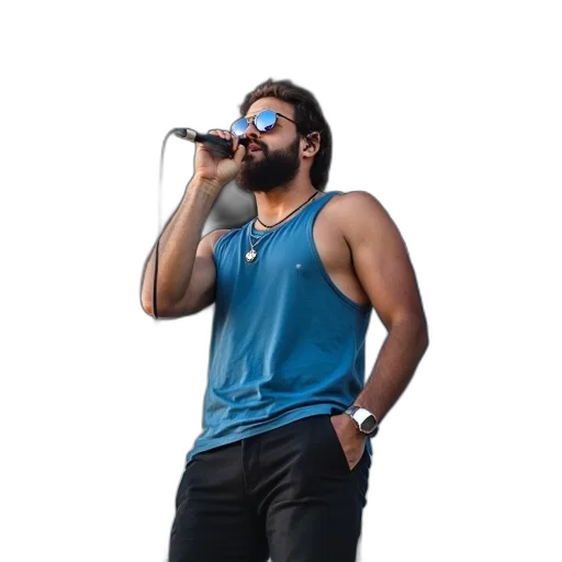 staff, jacket, man, beard, sunglasses, standing, stage, holding transparent PNG cut-out