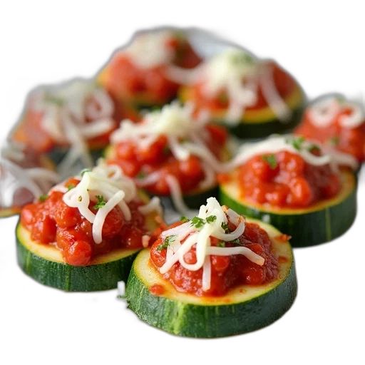 food, photorealistic, 3d render, plate, zucchini, slices, topped, tomato-based transparent PNG cut-out