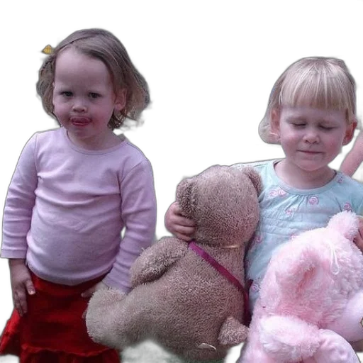 3d render, two, little, girls, holding, teddy, bears, outdoor transparent PNG cut-out