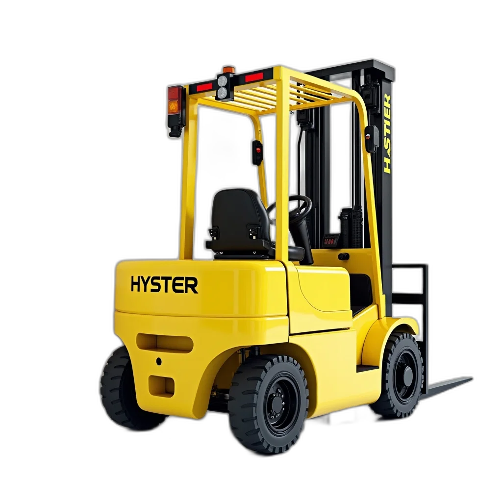 3d render, yellow, forklift, brand, name, hyster, side, parked transparent PNG cut-out
