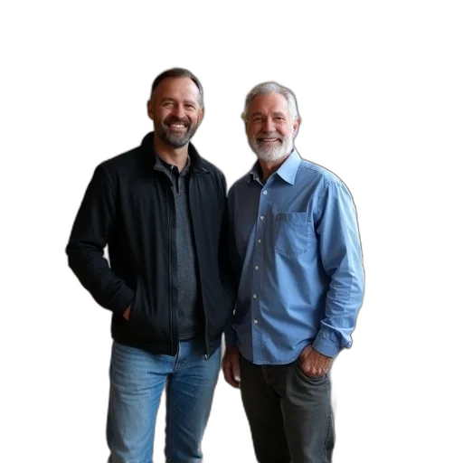 jacket, staff, furniture, two, men, standing, art, studio transparent PNG cut-out