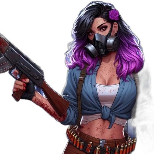 weapon, concept art, cyberpunk, comic book art, fantasy art, woman, violet, tresses transparent PNG cut-out