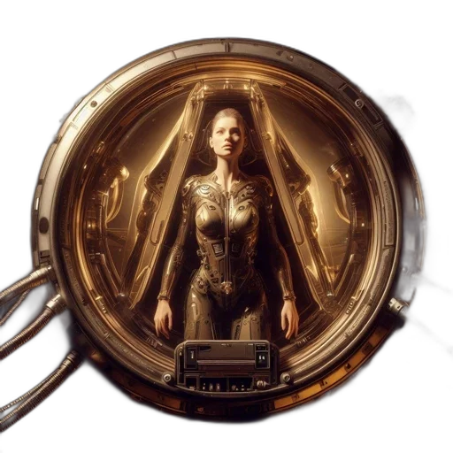 jewelry, robot, weapon, jacket, concept art, cyberpunk, woman, encased transparent PNG cut-out