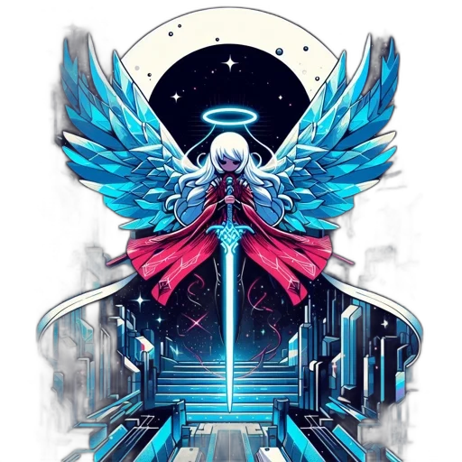 sword, robot, pixel art, fantasy art, concept art, anime, blue, monochrome transparent PNG cut-out