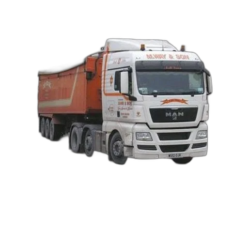 photorealistic, 3d render, man, truck, orange, trailer, parked, front transparent PNG cut-out