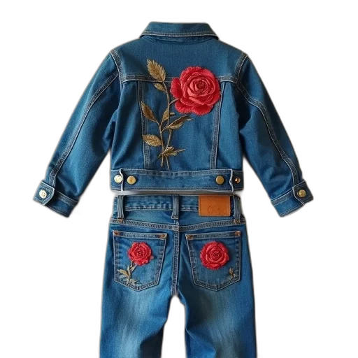 jacket, blue, child, denim, red, rose, embroidery, front transparent PNG cut-out