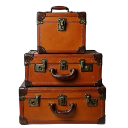 earth tones, stack, vintage, brown, leather, suitcases, metal, clasps transparent PNG cut-out
