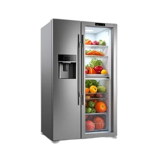 food, 3d render, sleek, modern, stainless, steel, refrigerator, large transparent PNG cut-out