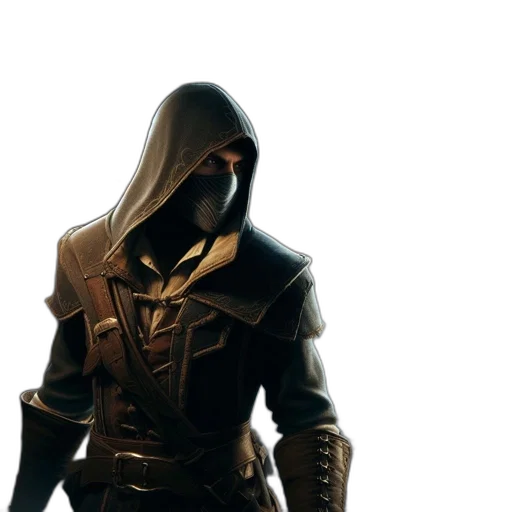 jacket, mask, weapon, sword, concept art, 3d render, fantasy art, dark transparent PNG cut-out