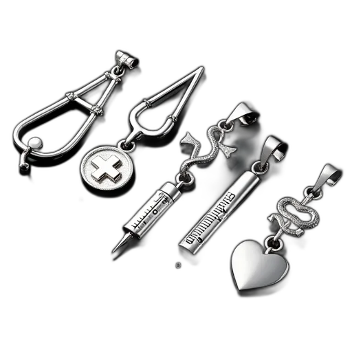 jewelry, staff, collection, silver, medical-themed, pendants, displayed, dark transparent PNG cut-out