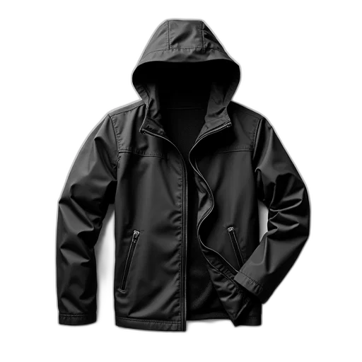 jacket, 3d render, dark, black, hood, displayed, against, white transparent PNG cut-out